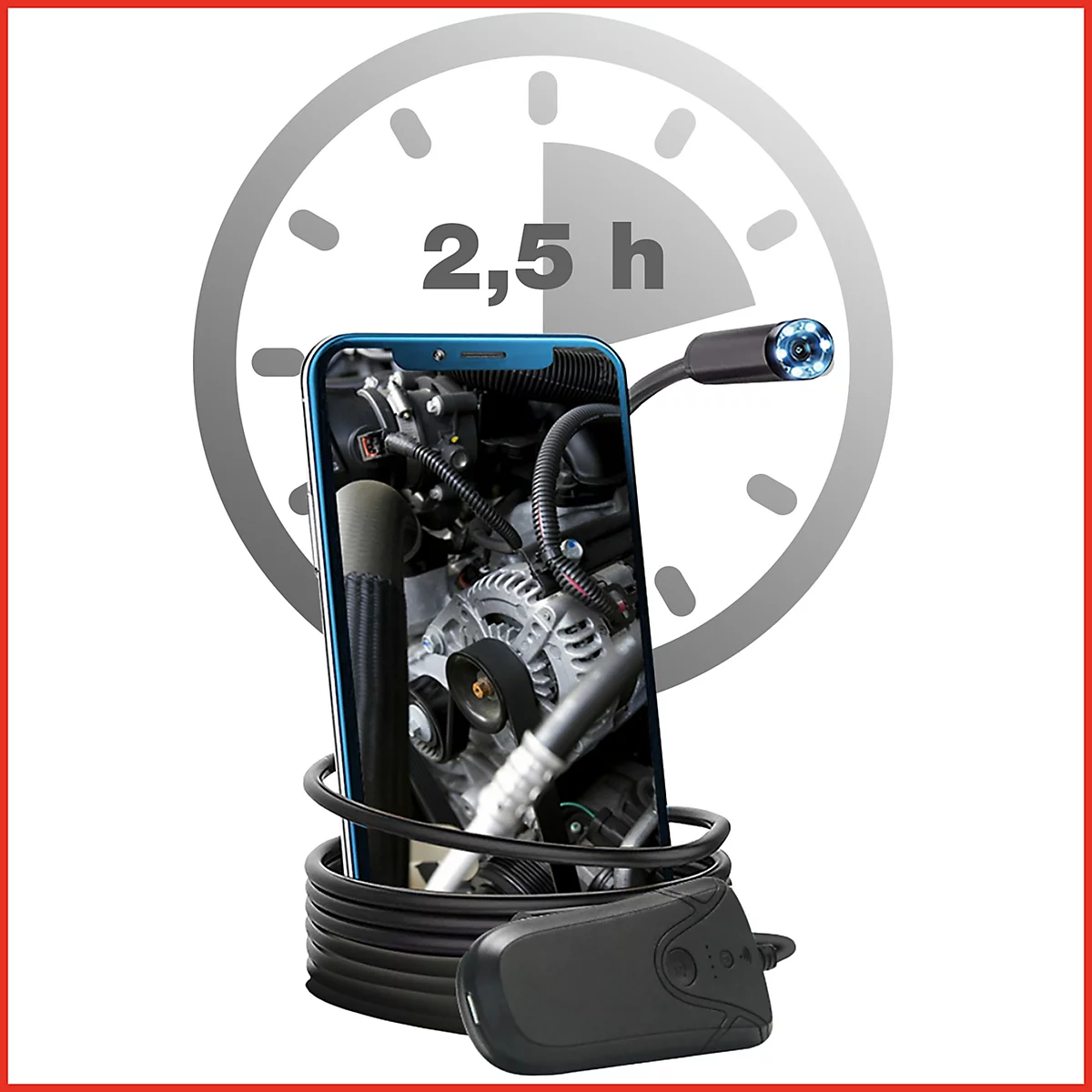 Smartphone mit Endoskop zeigt Motorraum, daneben eine Uhr mit 2,5h. Das Endoskop ist aufgewickelt.